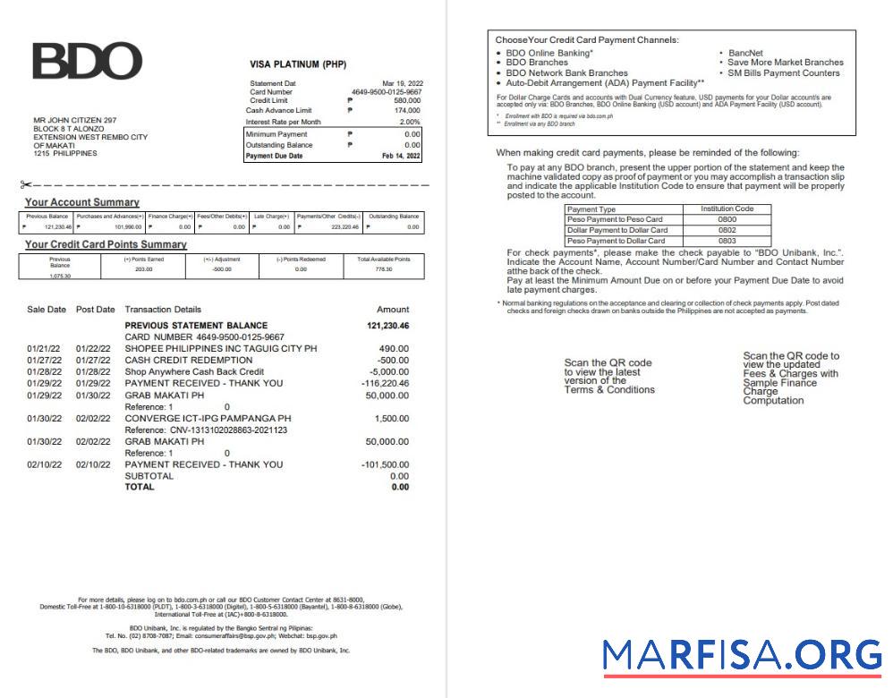 Downloadable Philippines BDO bank credit card statement word 2 pages real example